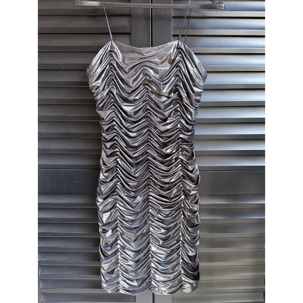 90s y2k Mini Dress Caché Strapless Metallic Dark Silver Ruched Bodycon  8